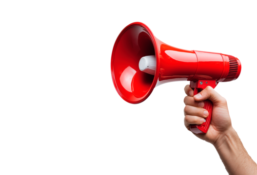 Hand holding a red megaphone isolated on transparent background