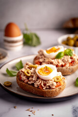 Tuna toast. Open sandwiches with whole grain bread, canned tuna, boiled egg, tomatoes and olives on white background. Healthy breakfast food