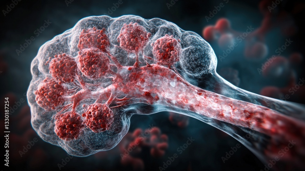 Poster exploring cancer cell development laboratory setting scientific visualization close-up biomedical re