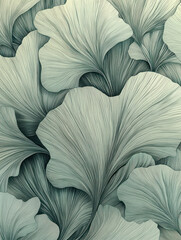 Ginkgo leaves in intricate patterns create stunning visual display, their unique shapes and textures. soft color palette adds serene touch to composition