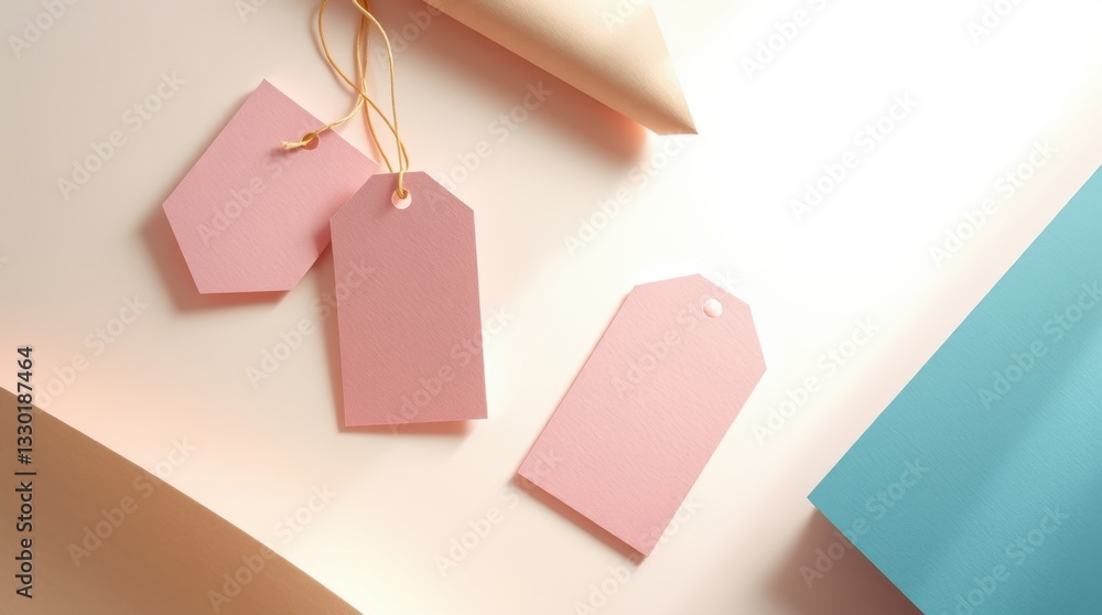 Poster pastel tags: soft pink tags with delicate strings, perfect for adding a touch of elegance to gifts.
