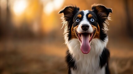 Australian Shepherd dog cheerful at outdoor nature park 