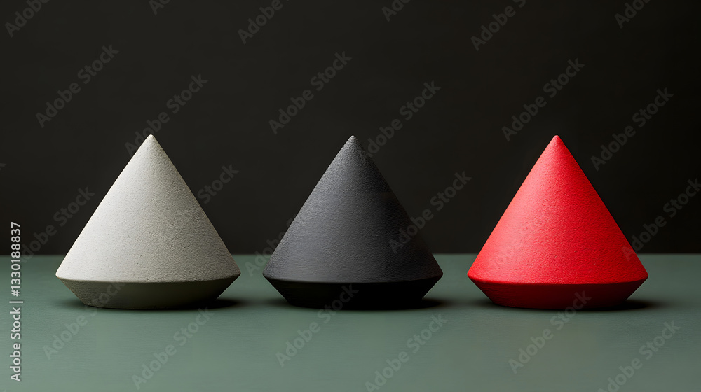 Poster three distinctively colored cones displaying bold triangular shapes in contrast creating a visually 