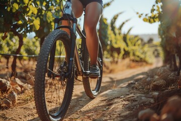 Fototapeta premium Portrait of a woman with a bicycle, engaged in outdoor fitness training and preparing for a marathon while enjoying an adventurous ride in the countryside