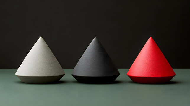 Three distinctively colored cones displaying bold triangular shapes in contrast creating a visually striking composition on a surface.