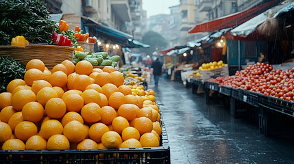 Fresh produce market in the rain
