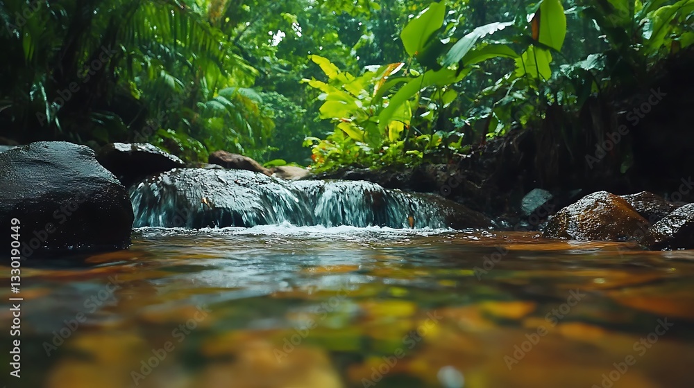 Poster a serene stream flows through lush greenery, creating a tranquil natural setting.