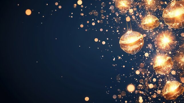 Golden Christmas Ornaments with Glowing Lights on Dark Background