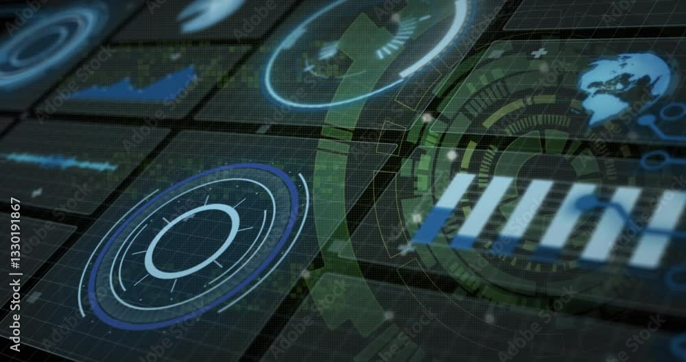 Poster animation of futuristic digital interface with circular graphics in school setting