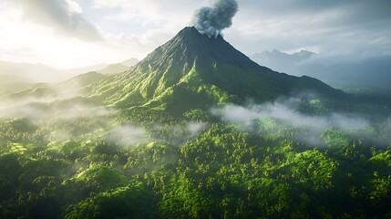 Obraz premium A lush green volcano emitting smoke, surrounded by misty forests and mountains.