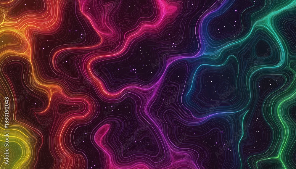 Poster abstract neon topographic design with glowing lines in vibrant colors on a dark background, resembli