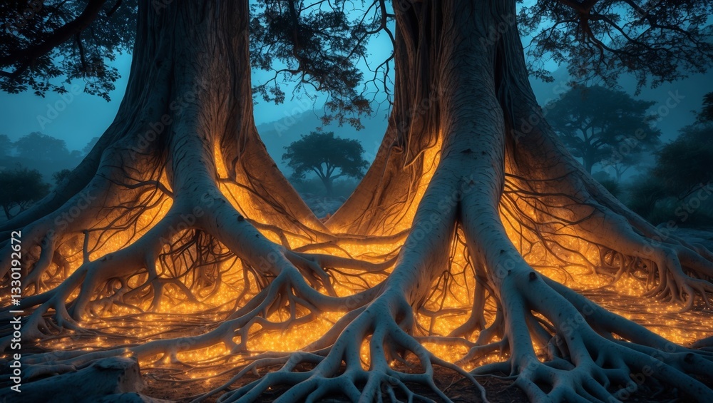 Poster mystical glowing roots create an enchanting atmosphere in a serene forest at dusk