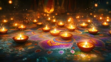 Many lit diyas arranged on colorful rangoli design, creating a warm and festive atmosphere