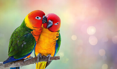 Two vibrant parrots perch side by side on a tree branch, surrounded by lush green foliage
