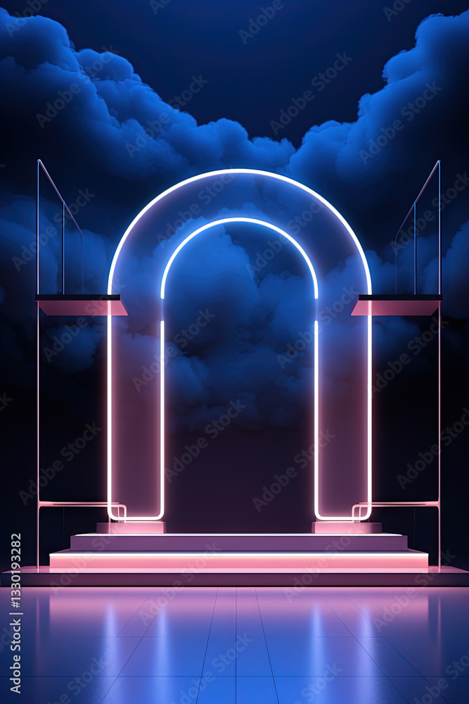 Poster neon arch in dark blue lights room with clouds. abstract background for party stage or product displ