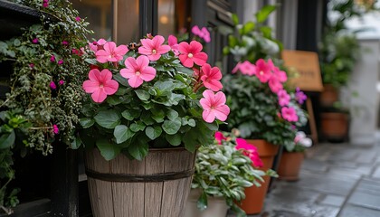 Pink flowers in wooden pot outside building.