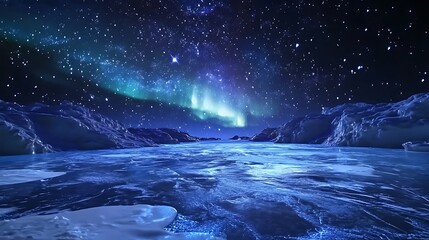 Naklejka premium A serene night scene showcasing a frozen landscape under a starry sky and aurora borealis.