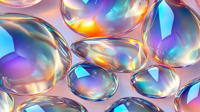Colorful, translucent Opal stones with a glossy surface reflecting light. The droplets vary in size and create a vibrant, iridescent effect mineral pattern texture macro background.