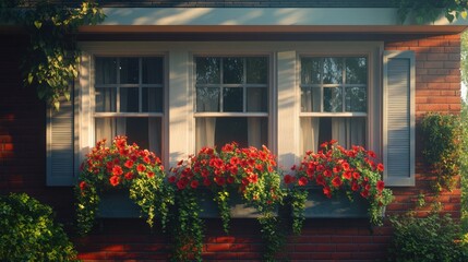 Fototapeta premium Charming house window with vibrant flowers. 