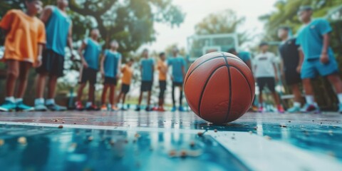Group of basketball players engaged in a strategic discussion on the court while planning their game approach