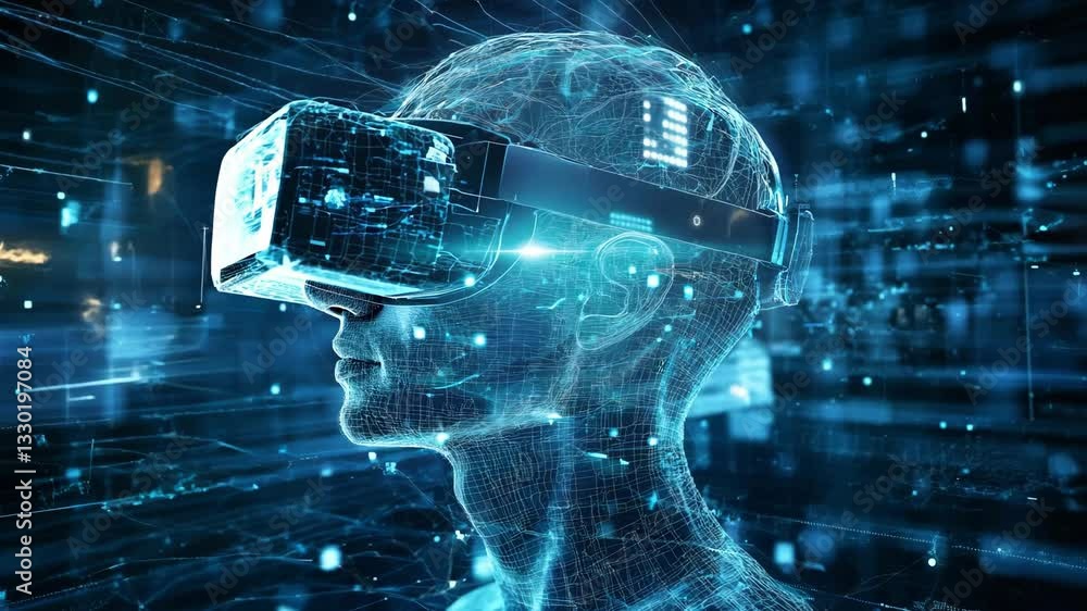 Poster a wireframe human figure wears a virtual reality headset while interacting with a blue digital inter