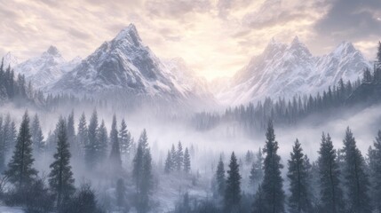 Snowy mountain range shrouded in a misty forest at sunrise