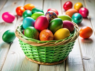 Easter Eggs Green Basket White Table Spring Photography, Easter Egg Hunt, Holiday Decoration, Festive Still Life