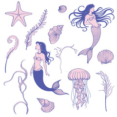 Beautiful mermaid, shell, starfish, algae, jellyfish line illustration. 