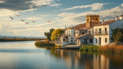 Obraz premium Picturesque village by a serene river, birds in flight