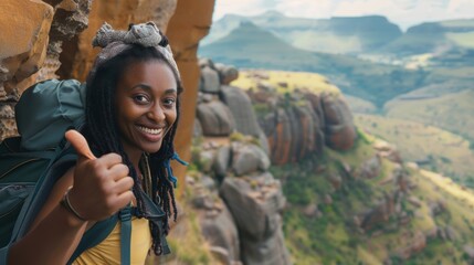 Successful hiker giving a thumbs up in a mountainous cave, showcasing a motivated expression while exercising in a natural, remote landscape