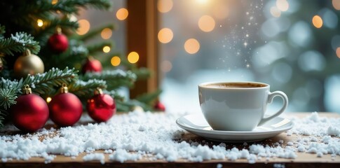 Fototapeta premium Snowy Christmas table with white cup of coffee and empty space for decoration, decor, table