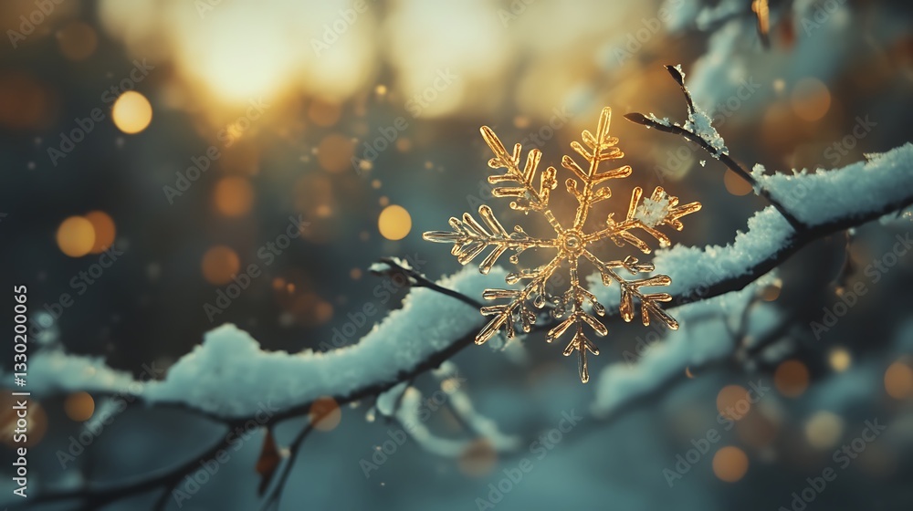 Poster a delicate snowflake rests on a snowy branch, illuminated by soft, warm light.