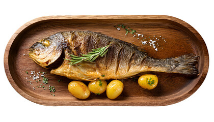 Roasted fish and potatoes, served on wooden tray, cut out