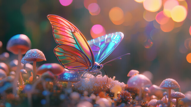 A vibrant iridescent butterfly with wings that shimmer in the light, perched above a field of miniature mushrooms, amidst a backdrop of colorful bokeh. Opaline Shimmer. Illustration