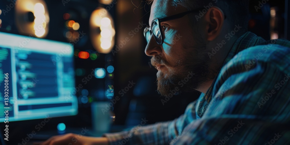 Poster individual working in a server room with a laptop, focusing on programming, system management, and d