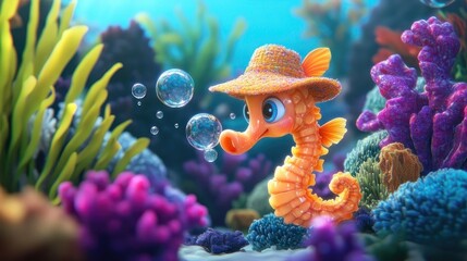 Obraz premium Cute seahorse in coral reef, blowing bubbles
