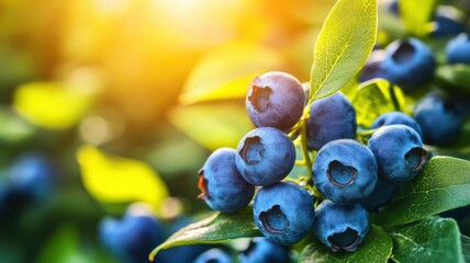 Fresh blueberries ripening on the bush during early morning sunlight in a lush orchard
