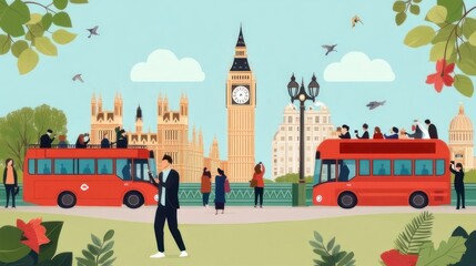 Tourists enjoying London sightseeing with double-decker buses