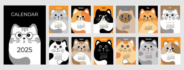 Calendar for 2025 Set of 12 month vector illustration in vertical format A4 A5. Hand Drawn kitten in cartoon style. Week starts on Monday.