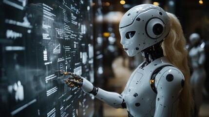 Fototapeta premium Futuristic Female Robot Interacting with Advanced Data Interface