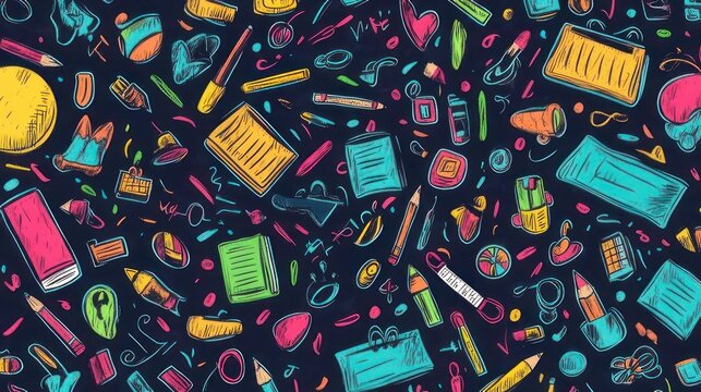 Colorful doodle pattern of school and office supplies