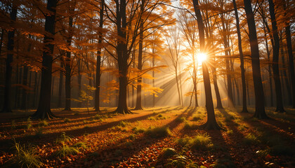 Autumn Forest with Golden Hour Lighting - This golden hour autumn scene is perfect for creating warmth and peace in your projects. Ideal for landscape photography, advertising campaigns, or designs th