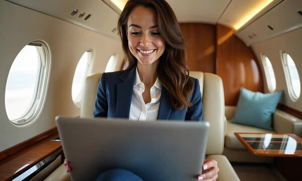 Businesswoman Working on Laptop Inside a Private Jet