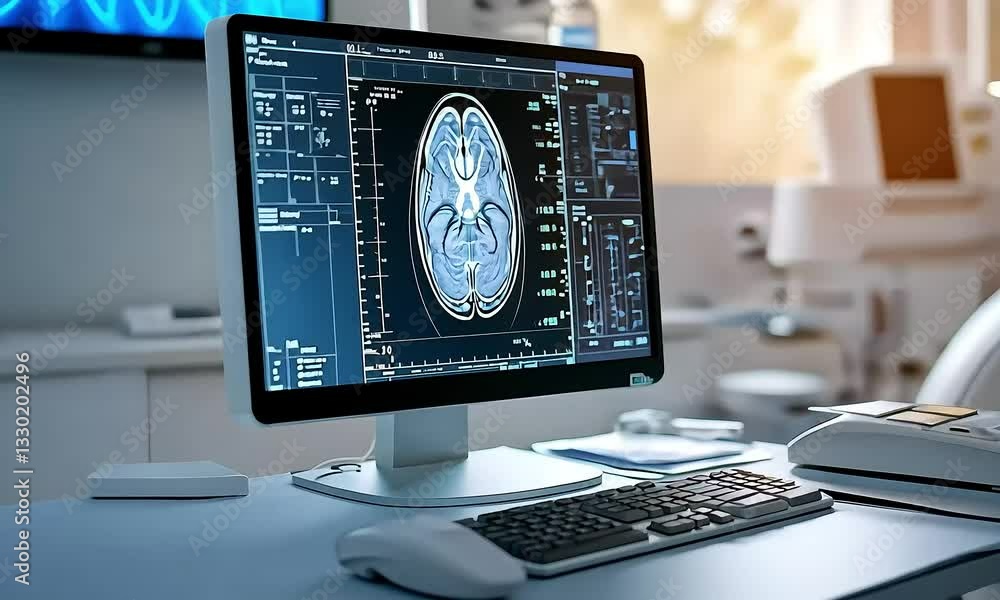Poster modern hospital laboratory showing brain scan on computer screen