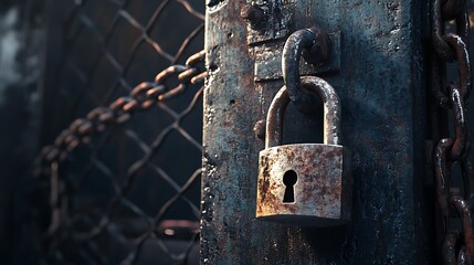 A rusty padlock securing a weathered door, symbolizing security and confinement.