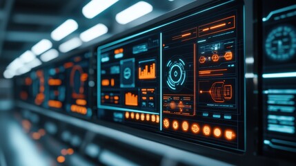 Naklejka premium A futuristic control panel featuring glowing screens and data visualizations, showcasing advanced technology and user interfaces in a sleek environment.
