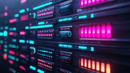 Fototapeta premium A close-up view of a digital server with vibrant blue and pink lights, showcasing modern technology and data storage.