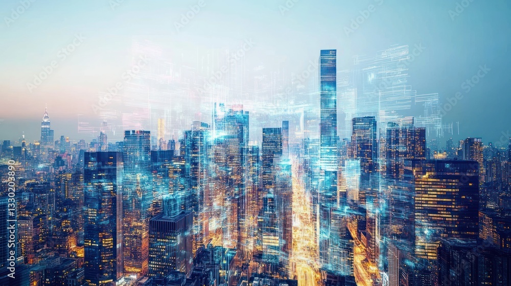 Poster digital blueprint of the future: high-tech cityscape with data overlay