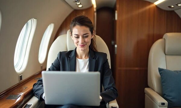 Businesswoman Working on Laptop Inside a Private Jet