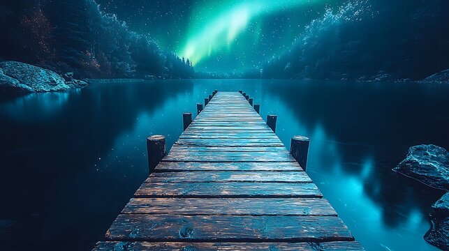 Dock over Still Lake beneath Aurora Borealis